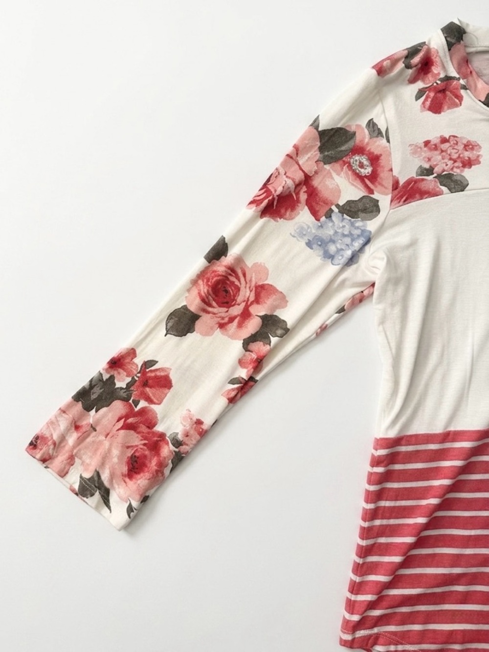 Absolutely Famous Cream Top with Coral Floral Sleeves & Stripe Hem - Picture 5 of 10